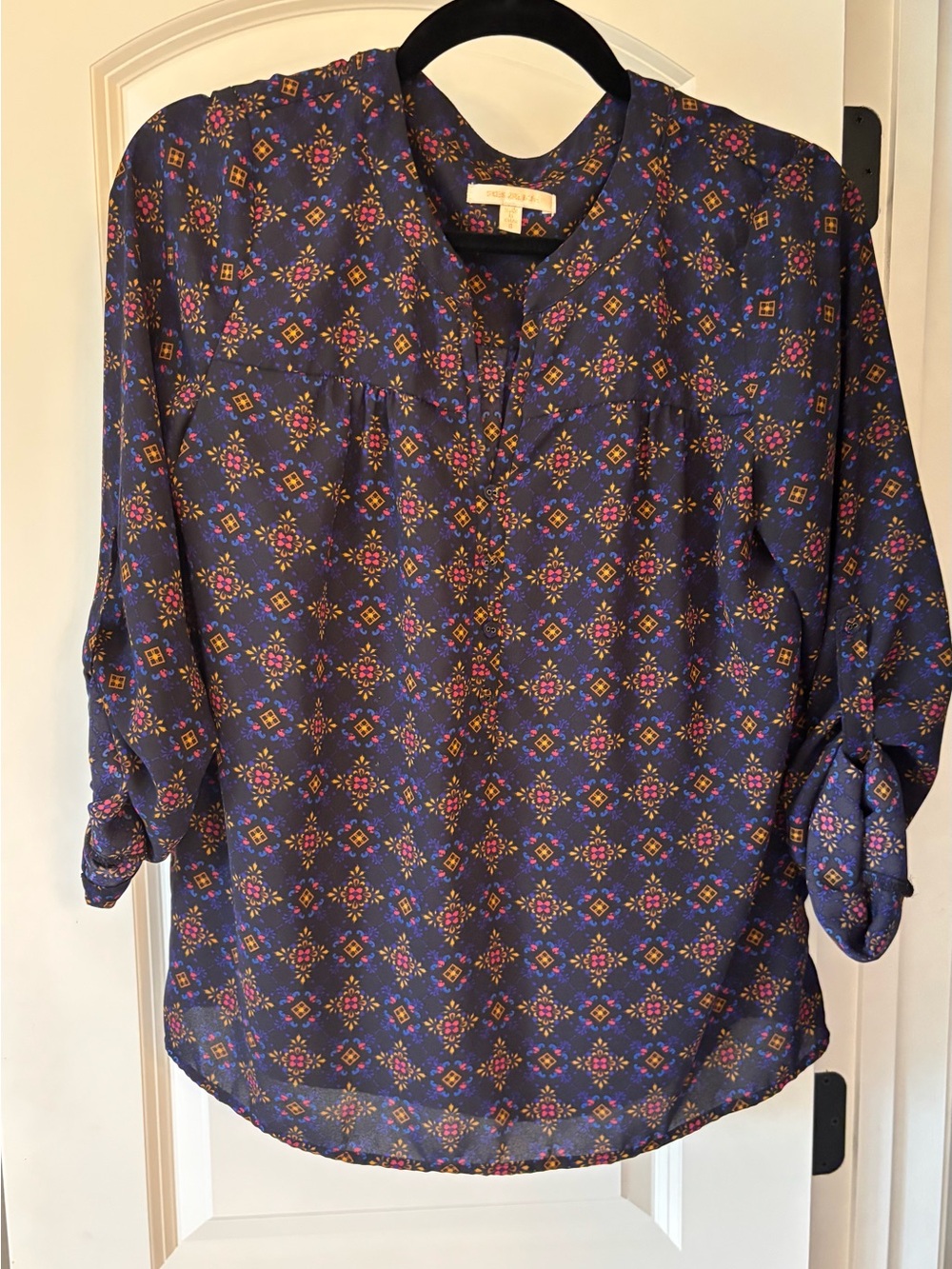 Skies are Blue -Women's Navy Floral Print Blouse - Small